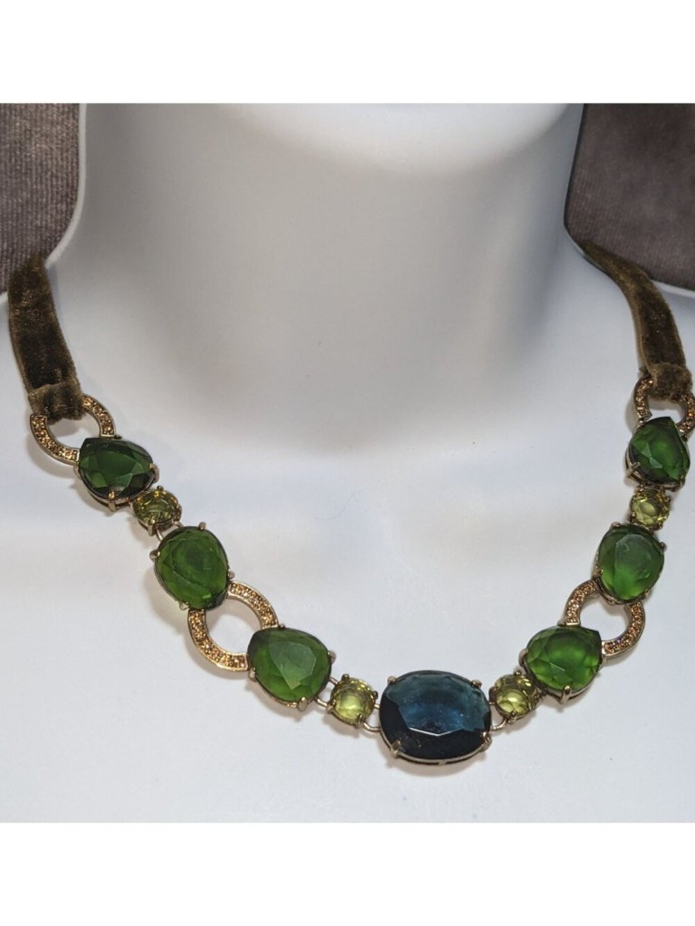 Forestcore Dark Academia Vintage Monet Green Statement Crystal Necklace Velvet R